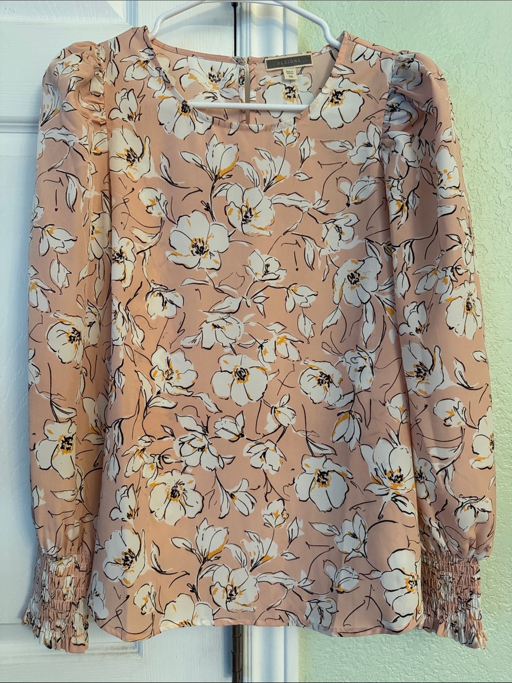 PLEIONE Blush Pink Floral Long-Sleeve Blouse, XS